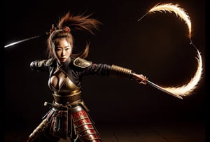 Produce a captivating wallpaper that showcases a full-body view of a female Samurai warrior exuding strength and determination. Dressed in traditional Samurai armor, she wields a gleaming katana, ready for battle. The background should immerse her in a dark, mysterious atmosphere, setting the stage for an epic showdown while maintaining a distinct Samurai appearance.