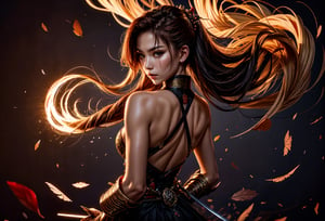 Create a stunning and visually captivating wallpaper depicting a fearless female Samurai warrior who exudes both beauty and strength. This warrior is poised with her gleaming katana, emanating an air of readiness to engage in an epic battle. The overall background sets a dark, intense, and evocative red theme, symbolizing the fierceness of her character and the impending confrontation. Her hair, cascading down her back, is long and elegantly styled, further emphasizing her grace and poise. Additionally, there's a single delicate flower delicately placed on the side of her hair, contrasting the warrior's fierce demeanor with a touch of subtle femininity, creating a unique and visually striking composition. Transform these elements into an intricate and mesmerizing image that seamlessly combines the elements of courage, beauty, and martial artistry, resulting in a wallpaper that captivates the viewer's imagination and admiration.