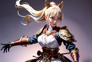 Produce a captivating wallpaper with a full-body portrayal of a female Samurai warrior exuding strength and grace. She stands confidently in ornate armor, her katana held firmly, a symbol of her readiness for combat. The background should envelop her in an atmosphere of mystery and intensity, setting the stage for an epic battle.