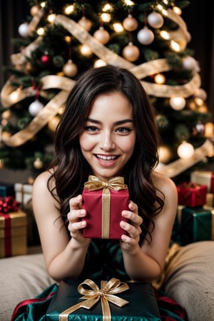 Create an image that captures the essence of the Christmas season with a beautiful girl as the focal point. The girl should be elegantly dressed in a festive outfit, surrounded by twinkling fairy lights and a beautifully decorated Christmas tree. The scene should exude warmth and joy, with a gentle snowfall in the background. The girl can be shown holding a beautifully wrapped gift or a cup of hot cocoa, radiating happiness and excitement. Make sure to incorporate traditional Christmas colors like red, green, and gold to enhance the festive atmosphere. Bring the magic of Christmas to life through this enchanting image. 