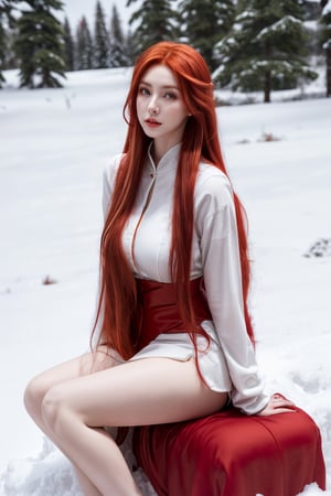 a woman with long red hair sitting in the snow, red haired goddess, amouranth, anna nikonova aka newmilky, with pale skin, in the snow, wild ginger hair, pale white skin, red head, long ginger hair, with long red hair, very pale skin, long red hair, orange skin and long fiery hair, red waist-long hair
