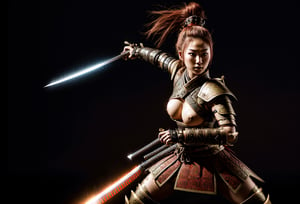 Design a captivating wallpaper that features a full-body view of a fierce female Samurai warrior, adorned in intricate armor, confidently brandishing a sharp katana, emanating an air of preparedness for battle. The background should envelop this formidable warrior in a dark, enigmatic ambiance, enhancing the intensity of the scene.