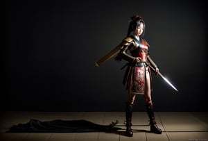 Produce an exquisite wallpaper featuring a full-body view of a female Samurai warrior, ensuring the character exudes a distinctly Japanese appearance. She should be adorned in intricate armor, holding a gleaming katana, and radiating an aura of unwavering readiness for battle. The background should immerse this fierce female warrior in a dark and mysterious setting, adding depth and intensity to the scene while staying true to the Japanese aesthetic.