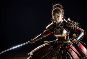 Produce a captivating wallpaper that showcases a full-body view of a female Samurai warrior exuding strength and determination. Dressed in traditional Samurai armor, she wields a gleaming katana, ready for battle. The background should immerse her in a dark, mysterious atmosphere, setting the stage for an epic showdown while maintaining a distinct Samurai appearance.