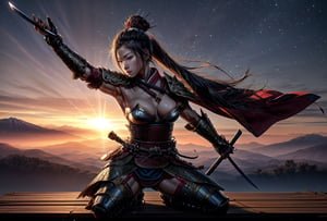 Produce a captivating wallpaper with a full-body portrayal of a female Samurai warrior exuding strength and grace. She stands confidently in ornate armor, her katana held firmly, a symbol of her readiness for combat. The background should envelop her in an atmosphere of mystery and intensity, setting the stage for an epic battle.