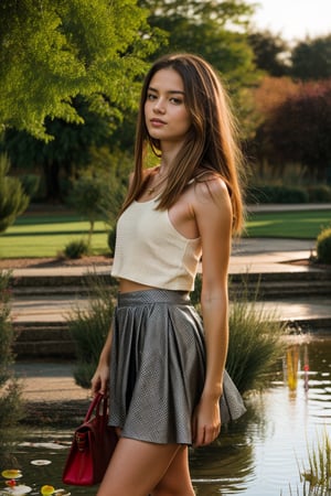 attractive , skinny, cute college girl,freckles pale skin, long hair, short tight low cut top and skirt. She has a handbag and is in front of her school pond,photography,realhands