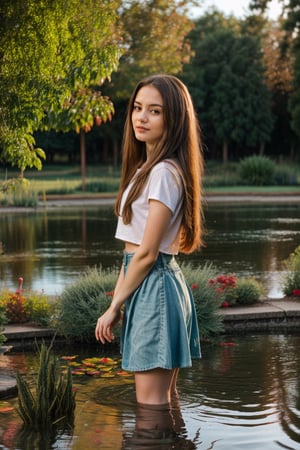 attractive , skinny, cute college girl,freckles pale skin, long hair, in front of her school pond,photography,realhands,  (tentacle), ((front view))