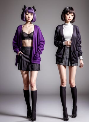 a couple of women standing next to each other, viridescent at shoulder height, wearing jacket and skirt, inverted triangle body type, wearing a cardigan, standing posture, frontal pose, distorted pose, standing pose, purple and black clothes, 🔞🤡, short person, wearing in cardigan, wearing clothes, low quality video, waist height, purple clothes