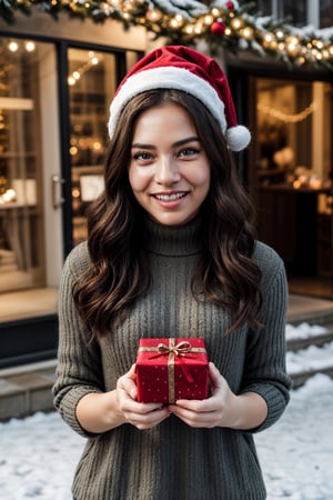 Create an image that captures the essence of the Christmas season with a beautiful girl as the focal point. The girl should be elegantly dressed in a festive outfit, surrounded by twinkling fairy lights and a beautifully decorated Christmas tree. The scene should exude warmth and joy, with a gentle snowfall in the background. The girl can be shown holding a beautifully wrapped gift or a cup of hot cocoa, radiating happiness and excitement. Make sure to incorporate traditional Christmas colors like red, green, and gold to enhance the festive atmosphere. Bring the magic of Christmas to life through this enchanting image. 