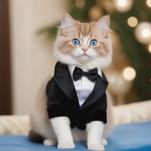 photo of young dolly munchkin cat, wearing a tuxedo costume, face,  shinny fur,blue eyes, young body, 8k resolution, high quality, film grain, looking at the viewer, luxury ballroom background , blue eyes, adorable