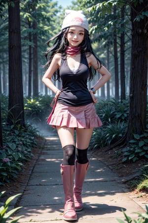 1girl, realistic, photorealistic, Teen girl, full body,16 years old,  <big milkers>>,dawn \(pokemon\) beanie, long hair, blue hair, blue eyes, black sleeveless shirt, pink scarf, pink skirt, pink boots, hands on hips, smile, looking at viewer, forest background, smiling, adorable face, standing walking.,dawn(pokemon),dawn \(pokemon\)
