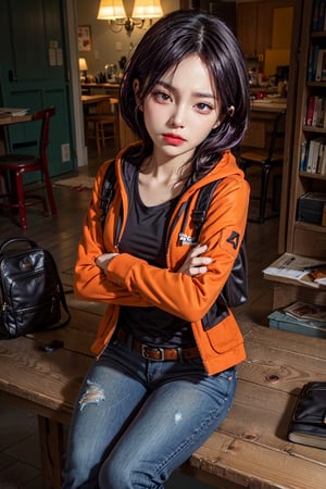 1 realistic girl, caucasian girl, photorealistic, dynamic view, teen girl, full body, 23 years old, (beautiful detailed eyes), ((best quality)), ((highly detailed)), {{{masterpiece,, perfect lightingbest quality,,KennyMC, 1girl, solo, black hair, purple hair, black shirt, belt, hoodie, crossed arms, backpack,orange jacket,torn jeans, makeup,hood up,sitting,from above,looking at viewer,indoors, stained with blood, spitting blood, blood on the forehead, wounds}}}