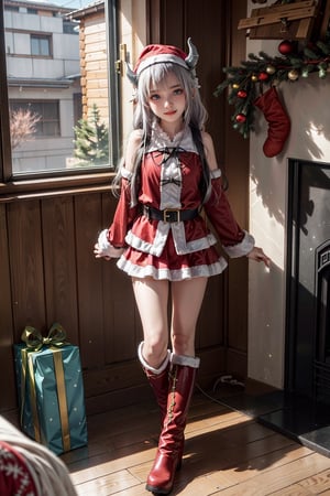 ((15 year old girl: 1.5)), Kanna Kamui, christmas_clothes, fireplace, christmas gift, stand, horns, loli, give gift, :D, room, full body, perfect, white hair, multicolored hair, 1 girl, complete anatomy, super cute, girl, beautiful shiny body, bangs, high eyes, (aquamarine eyes), small, beautiful girl with beautiful details, beautiful delicate eyes, detailed face, beautiful eyes, beautiful shiny body, smile, happiness, angle full body, mini skirt, exposed thighs, thick thighs, inside the room, Christmas decorations, fireplace, ((Santa Claus costume: 1,2)),((western boots)),((many gifts) ), belt black, ((Realism: 1.2)), Dynamic Long Shots, Cinematic Lighting, Perfect Composition, Highly Detailed, Official Artwork, Sumic.mic Masterpiece, (Top Quality: 1.3), Reflections, Highly Detailed CG Unity 8k Wallpaper , Detailed background, Masterpiece, Best quality, (Masterpiece), (Best quality: 1.4), (Ultra-high resolution: 1.2), (Hyperrealistic: 1.4), (Photorealistic: 1.1), Best quality, high quality, high resolution, emphasis on details,((Log house room: 1,4)),((slender and small bust)), Kanna Kamui,hand