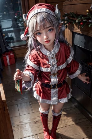 ((15 year old girl: 1.5)), Kanna Kamui, christmas_clothes, fireplace, christmas gift, stand, horns, loli, give gift, :D, room, full body, perfect, white hair, multicolored hair, 1 girl, complete anatomy, super cute, girl, beautiful shiny body, bangs, high eyes, (aquamarine eyes), small, beautiful girl with beautiful details, beautiful delicate eyes, detailed face, beautiful eyes, beautiful shiny body, smile, happiness, angle full body, mini skirt, exposed thighs, thick thighs, inside the room, Christmas decorations, fireplace, ((Santa Claus costume: 1,2)),((western boots)),((many gifts) ), belt black, ((Realism: 1.2)), Dynamic Long Shots, Cinematic Lighting, Perfect Composition, Highly Detailed, Official Artwork, Sumic.mic Masterpiece, (Top Quality: 1.3), Reflections, Highly Detailed CG Unity 8k Wallpaper , Detailed background, Masterpiece, Best quality, (Masterpiece), (Best quality: 1.4), (Ultra-high resolution: 1.2), (Hyperrealistic: 1.4), (Photorealistic: 1.1), Best quality, high quality, high resolution, emphasis on details,((Log house room: 1,4)),((slender and small bust)), Kanna Kamui,hand