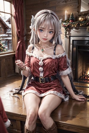 ((15 year old girl: 1.5)), Kanna Kamui, christmas_clothes, fireplace, christmas gift, stand, horns, loli, give gift, :D, room, full body, perfect, white hair, multicolored hair, 1 girl, complete anatomy, super cute, girl, beautiful shiny body, bangs, high eyes, (aquamarine eyes), small, beautiful girl with beautiful details, beautiful delicate eyes, detailed face, beautiful eyes, beautiful shiny body, smile, happiness, angle full body, mini skirt, exposed thighs, thick thighs, inside the room, Christmas decorations, fireplace, ((Santa Claus costume: 1,2)),((western boots)),((many gifts) ), belt black, ((Realism: 1.2)), Dynamic Long Shots, Cinematic Lighting, Perfect Composition, Highly Detailed, Official Artwork, Sumic.mic Masterpiece, (Top Quality: 1.3), Reflections, Highly Detailed CG Unity 8k Wallpaper , Detailed background, Masterpiece, Best quality, (Masterpiece), (Best quality: 1.4), (Ultra-high resolution: 1.2), (Hyperrealistic: 1.4), (Photorealistic: 1.1), Best quality, high quality, high resolution, emphasis on details,((Log house room: 1,4)),((slender and small bust)), Kanna Kamui,hand,Christmas
