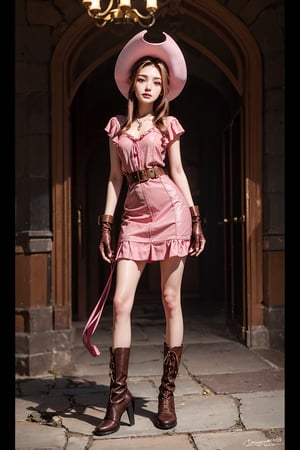 1girl realistic, arabic girl, photorealistic, reddish skin, dynamic view, Teen girl, full body, 16 years old, (beautiful detailed eyes),((best quality)), ((highly detailed)), masterpiece, cowgirl hat, pink dress, ruffle dress with string strips, leather belt, women's boots, leather gloves.