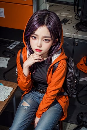 1 realistic girl, caucasian girl, photorealistic, dynamic view, teen girl, full body, 23 years old, (beautiful detailed eyes), ((best quality)), ((highly detailed)), {{{masterpiece,, perfect lightingbest quality,,KennyMC, 1girl, solo, black hair, purple hair,black shirt, belt, hoodie, backpack,orange jacket,torn jeans, makeup,hood up,sitting,from above,looking at viewer,indoors,}}}