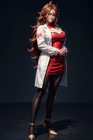 1girl, realistic, photorealistic, asian girl, full body,18 years old,  <big milkers>> long red hair, open lab coat, black and white dress, short skirt, bare thighs, torn black pantyhose, red heels naughty look, glasses, gold earrings, big breasts, smile, cloning lab, girl, beautiful face, standing thoughtful pose, realistic photo