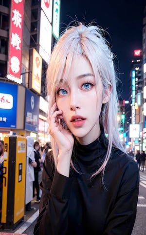 1girl with pretty face and very pink wavy hair, clear blue eyes, (gigantic breasts:1.3), slender, best quality, masterpiece, ultra high res, (photorealistic:1.4), raw photo, full body view, vibrant,,perfecteyes,Detailedface,face, posing,Tokyo street,nightcityscape,night, cyberpunk city,soft light