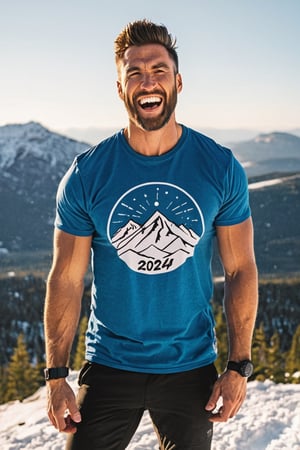 A macho looking guy in a T-shirt. Gut-punching at the top of a snowy mountain. He is shouting at the morning sun. His best smile is full of confidence; "2024 I will be reborn" is printed on the T-shirt.