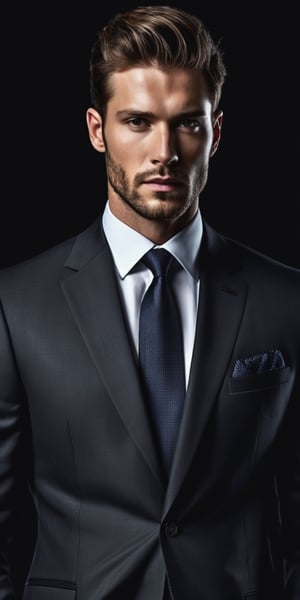 Create a hyper realistic image of a man in a business suit. 8k,detail,dark theme,epic realism.