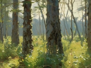 Best Quality, Highly Detailed, HD, 8k, Rule of Thirds, Oil Painting, morning forest, (St: 1.25), Art by Sargent, Art by Sargent, Close-up Shot