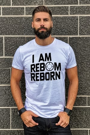 Macho Guy wearing a T-shirt. The words (("I am reborn" and   "2023")) printed on the T-shirt.