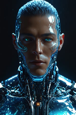 detailed photos of something humanoid cyborg made entirely of otherworldly luminescent and translucent liquid materials, Facial shots looking at the camera, on night laboratory, supranatural style, realistic style, infinite ultra high definition image quality and rendering, infinite image detail, infinite realistic render, infinite realistic RTX global illumination, infinite special effect