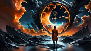 An orange clock is sucked into the middle of a blue black hole. A person stands in front of it. Flowing clouds, blue swirling abyssal background, highly intricate and detailed, surreal and spectacular cinematic detail, 4K, HDR, magical fantasy, close-ups, super detail