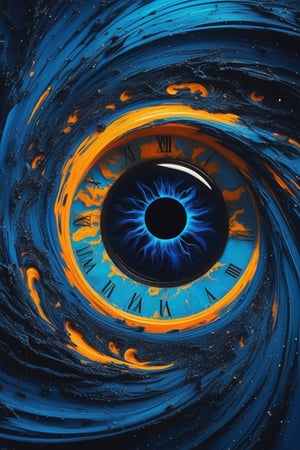 Bright blue black hole with orange clock in the middle, blue swirling abyssal background, very intricate and detailed surreal epic movie detail, 4K, HDR, magical fantasy, close-up, super detail, Salvador Dali style