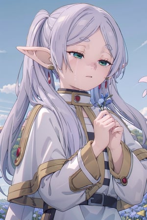 (masterpiece:1.2), best quality, high resolution, unity 8k wallpaper, (illustration:0.8), (beautiful detailed eyes), extremely detailed face, perfect lighting, ciemaic lightig, extremely detailed CG, (perfect hands, perfect anatomy), pikkyfrieren, long hair, twintails, (green eyes), (grey hair), pointy ears, elf, jewelry, earrings, capelet, striped shirt, long sleeves, field filled with blue flowers, (sky:1.3), (small blue flowers), solo, standing, closed eyes, (sad, cry, tears), (holding a flower:1.4), (upper body), (from side), from above,