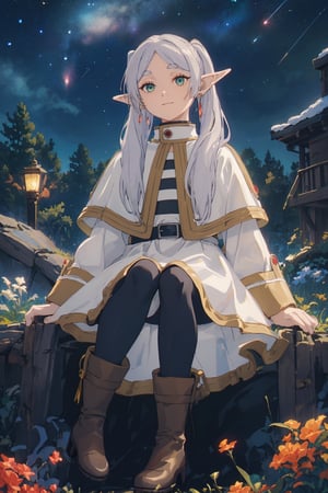 ((medium shot)), Highly detailed, high quality, masterpiece, beatiful, intricate details, cinematic lighting , expressive eyes, perfect face, face looking at viewer, flying, sitting, full body, pikkyfrieren, (slightly smiling with closed mouth), (frieren, green eyes, grey hair, parted bangs, long hair, twintails, pointy ears, dangle red earrings, black pantyhose, brown boots), (anti-gravity in the air), forests, ((night)), ((starry sky)), (shooting stars), comet,