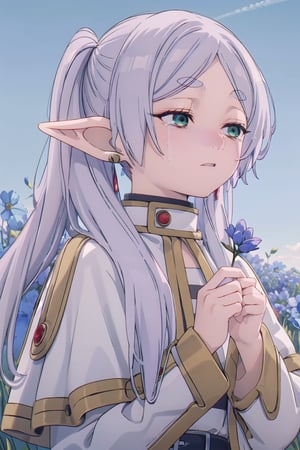 (masterpiece:1.2), best quality, high resolution, unity 8k wallpaper, (illustration:0.8), (beautiful detailed eyes), extremely detailed face, perfect lighting, ciemaic lightig, extremely detailed CG, (perfect hands, perfect anatomy), pikkyfrieren, long hair, twintails, (green eyes), (grey hair), pointy ears, elf, jewelry, earrings, capelet, striped shirt, long sleeves, field filled with blue flowers, (sky:1.3), (small blue flowers), solo, standing, closed eyes, (sad, cry, tears), (holding a flower:1.4), (upper body), (from side), from above,