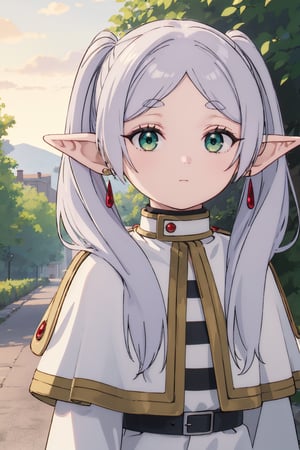frieren, pikkyfrieren, long hair, twintails, (green eyes), (grey hair), pointy ears, elf, shirt, long sleeves, jewelry, pantyhose, earrings, black pantyhose, capelet, striped shirt, outdoors, (sky:1.1), nature, solo, walking, (stone road), (upper body), looking at viewer, (masterpiece:1.2), best quality, high resolution, unity 8k wallpaper, (illustration:0.8), (beautiful detailed eyes), extremely detailed face, perfect lighting, extremely detailed CG, (perfect hands, perfect anatomy),