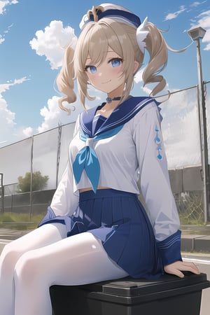 barbaradef,(((white long sleeves))),(((no pattern on the sleeves))),(((light smile))),(((a dark blue book with blue stones on acrossbody))),((masterpiece, best quality)),a girl, solo, skirt, sky, sitting, pantyhose, serafuku, cloud, outdoors, neckerchief ,day,fence, shirt, ahoge, rooftop, long hair, white pantyhose,school uniform, white sailor collar, sailor collar, blue skirt, red neckerchief, blue serafuku, blue sky, (((long sleeves))), blue shirt, looking at viewer, closed mouth, chain-link fence, pleated skirt, cloudy sky, trash can