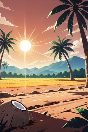 style illustration childrens book, best quality, highres, source_cartoon, dry dirt, coconut tree farm, wide shot, ground level perspective; a big empty land, hot, scorching sun; (anime style:0.8), flat color.