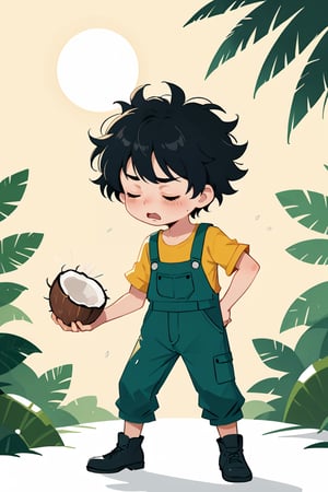 style illustration childrens book, best quality, highres, source_cartoon, simple background, under the scorching sun, full body shot, low shot; mid-action pose, a boy, collecting ripe coconut, leaning_forward, black hair, struggling, closed eyes, frowning, messy hair, exhausted, sweat, wearing dirty overalls green, yellow shirt; (anime style:0.8), flat color.