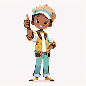 masterpiece, HD, cute, aesthetic, illustration, (proportional), front view, flat color, (2D), colored skin, ((1man)), full body shot, an African looking at the viewer, black eyes, wearing common outfit, wearing (a cap), A-pose, giving thumbs-up, smiling, ((transparent_background)), white background, ((facing front)), , simple, Flat vector art, children's picture books