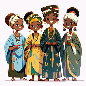 masterpiece, HD, illustration, (proportional), front view, flat color, (2D), colored skin, ((multiple people)), 5 people, full body shot, African tribe looking at the viewer, black eyes, wearing (a cultural clothing), A-pose, smiling, ((transparent_background)), white background, ((front position)), in group, , simple, Flat vector art, children's picture books
