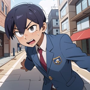 (masterpiece, best quality, ultra-detailed), sole_male, hiroshi_yuuki, black_hair, A close-up profile picture of hiroshi_yuuki, the main character of the anime. Hiroshi is a teenage boy with messy black hair and piercing grey eyes. He is wearing a school uniform, consisting of a white shirt, a navy blue blazer, and a red tie. His expression is confident and determined, reflecting his strong-willed personality. The background is a vibrant and dynamic anime screencap, showcasing a lively cityscape with colorful buildings and bustling streets. The composition focuses on Hiroshi's face, with the background slightly blurred to draw attention to him. The lighting is bright and vibrant, emphasizing the anime's energetic and lively atmosphere. The image is filled with action, with Hiroshi in a mid-action pose, showcasing his agility and strength