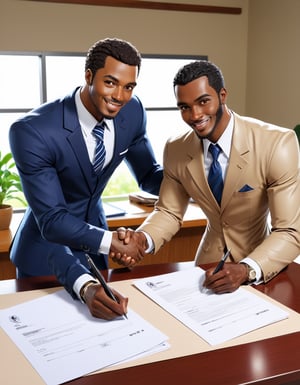 masterpiece, best quality, highres, source_anime, Two African men signing contract, One farmer, one businessman, Symbolizing partnership between agriculture and commerce, Professional office setting, Firm handshake exchanged, Documents laid out on desk, Determination and collaboration evident in their expressions, (Anime:1.5),vector