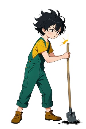 style illustration childrens book, best quality, highres, source_cartoon, simple background, under the scorching sun, full body shot, side shot; mid-action pose, a boy farming, bending down, holding a hoe, black hair, struggling, sad, messy hair, exhausted, sweat, wearing dirty overalls green, yellow shirt; (anime style:0.8), flat color.