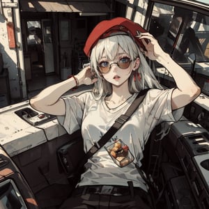 1girl, solo, long hair, looking at viewer, shirt, hat, jewelry, white shirt, white hair, short sleeves, food, lips, beret, sunglasses, ground vehicle, red headwear, motor vehicle, meme, cigarette, realistic, red lips, car, hand on own head, photo background, car interior