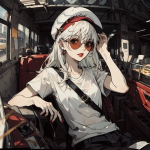 1girl, solo, long hair, looking at viewer, shirt, hat, jewelry, white shirt, white hair, short sleeves, food, lips, beret, sunglasses, ground vehicle, red headwear, motor vehicle, meme, cigarette, realistic, red lips, car, hand on own head, photo background, car interior