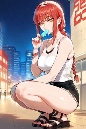 1girl, solo, long hair, looking at viewer, bangs, red eyes, shirt, black hair, holding, jewelry, full body, white shirt, outdoors, food, shorts, sleeveless, nail polish, bracelet, short shorts, night, eating, sandals, squatting, tank top, holding food, building, hand on own face, popsicle, ice cream ,flash,flashlight,makima \(chainsaw man\) , red_hair , red_eyes ,makimacsm,masterpiece,makima \(chainsaw man\),makima_v1,makima, braided ponytail, ringed eyes