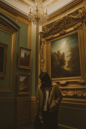 A young woman in a beige jacket stands in an art gallery, gazing upwards at a painting. She is surrounded by ornate gold frames and dark green walls.  also observing the art.  The image has a contemplative and introspective mood, with soft lighting and a vintage aesthetic.,photorealistic