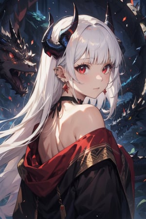 1girl, solo, long hair, looking at viewer, bangs, red eyes, bare shoulders, jewelry, closed mouth, upper body, white hair, earrings, horns, choker, looking back, blunt bangs, off shoulder, black choker, piercing, ear piercing, dragon horns, dragon, eastern dragon