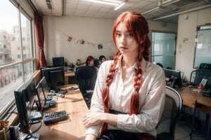 Photo of a woman in cairo, wesanderson color palette,Masterpiece,makimacsm , ((red hair)) , office_suit  ,makima(chainsaw man) , long_ponytail hair ,makima-csm,makimacsm