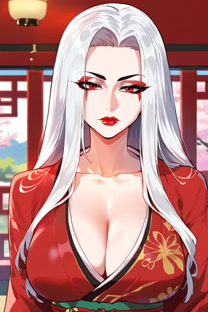 1girl, solo, long hair, looking at viewer, red eyes, closed mouth, upper body, white hair, japanese clothes, kimono, blurry, makeup, blurry background, lipstick, pale skin, eyeshadow, multicolored eyes, red lips, red kimono,nodf_lora