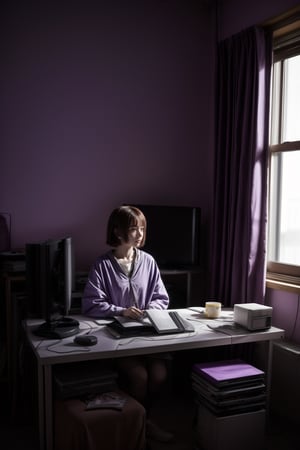 1girl ,
cyberpunk world, multiple monitors, messy room glowing monitors
purple tone 
watercolor   ,Lain Iwakura (Serial Experiments Lain)